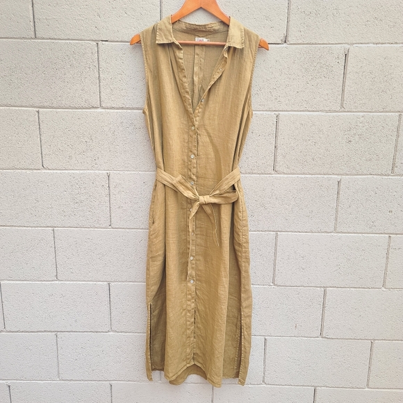 Faherty | Linen Laguna Sleeveless Midi Shirt Dress in Dull Gold Size Large - Picture 2 of 9